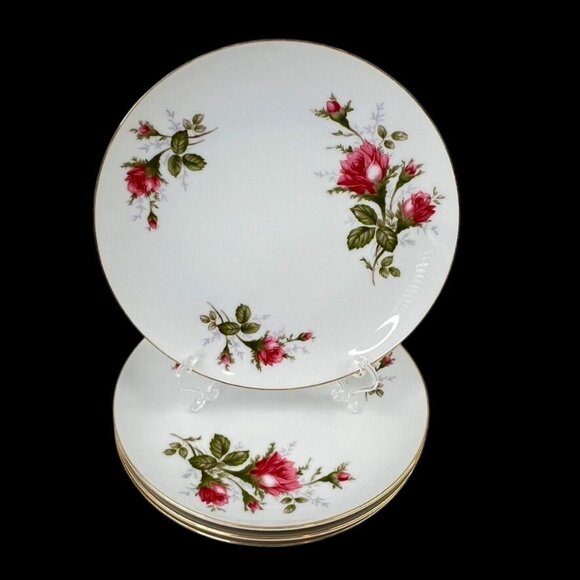 Sango Moss Rose 4 China Salad Plates White Pink Roses 7.5" Japan - Picture 5 of 7